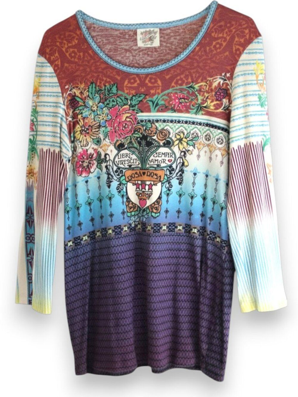 Skinny Minnie Graphic Floral Patchwork Top L Western Boho Artsy Tunic